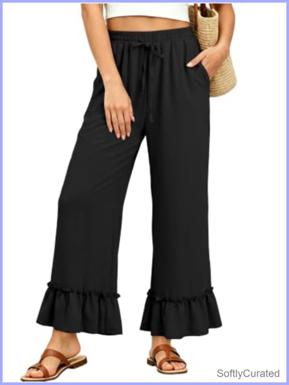 Women Wide Leg Palazzo Pants Ruffle Hem Trousers with Pockets
